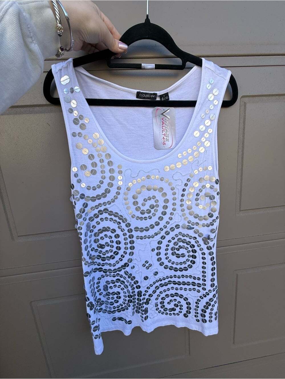 Y2K Claudia EV White Fully Sequinned Front Tank Top